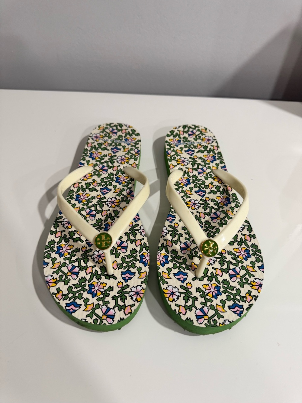 Tory Burch Floral Pattern Flip Flops with Cream Straps